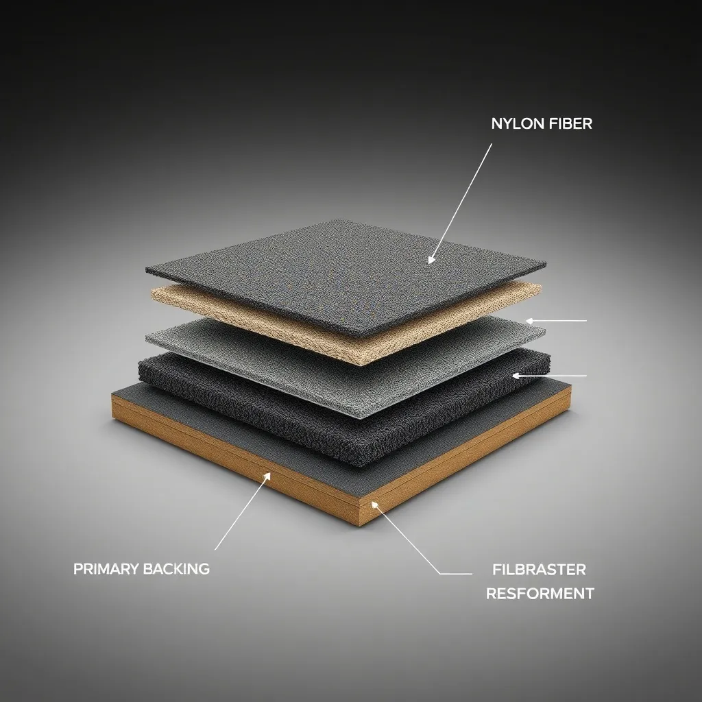 Technical diagram of a carpet tile showing layers: nylon fib